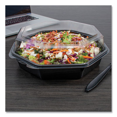 OctaView Hinged-Lid Cold Food Containers, 42 oz, 9.57 x 9.2 x 3.2, Black/Clear, Plastic, 100/Carton