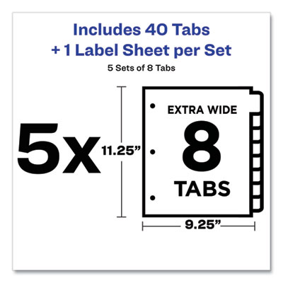 Print and Apply Index Maker Clear Label Dividers, Extra Wide Tabs, 8-Tab, 11.25 x 9.25, White, 5 Sets