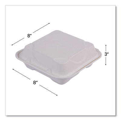Vanguard Renewable and Compostable Sugarcane Clamshells, 3 Compartments, 8 x 8 x 3, White, 200/Carton