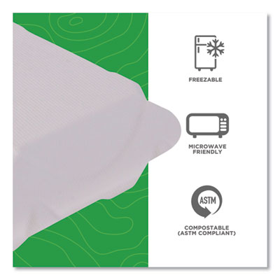 Vanguard Renewable and Compostable Sugarcane Clamshells, 3 Compartments, 8 x 8 x 3, White, 200/Carton