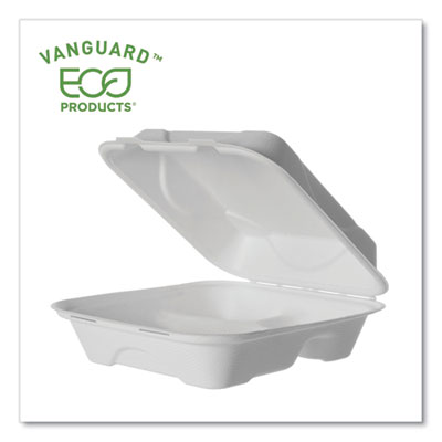 Vanguard Renewable and Compostable Sugarcane Clamshells, 3 Compartments, 8 x 8 x 3, White, 200/Carton