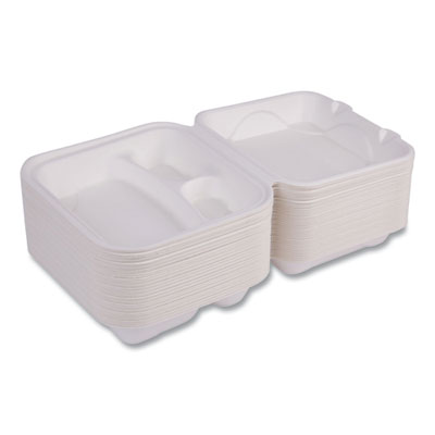 Vanguard Renewable and Compostable Sugarcane Clamshells, 3 Compartments, 8 x 8 x 3, White, 200/Carton
