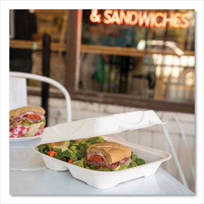 Vanguard Renewable and Compostable Sugarcane Clamshells, 3 Compartments, 8 x 8 x 3, White, 200/Carton