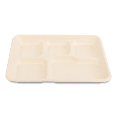 Bagasse PFAS-Free Food Tray, 5-Compartment, 8.26 x 0.98 x 10.9, Tan, Bamboo/Sugarcane, 500/Carton