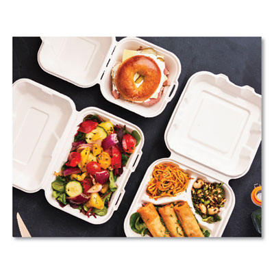 White Molded Fiber Clamshell Containers, Compostable, 3 Compartments, 7.9 x 7.9 x 2.9, White, Sugarcane, 200/Carton