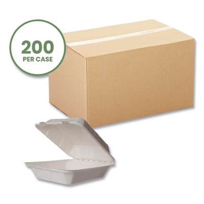 White Molded Fiber Clamshell Container, Compostable, 7.9 x 7.9 x 2.9, White, Sugarcane, 200/Carton
