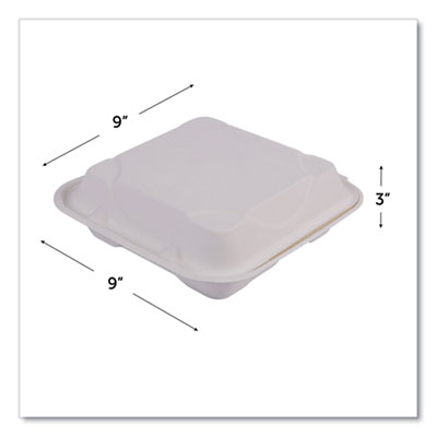 Vanguard Renewable and Compostable Sugarcane Clamshells, 3 Compartments, 9 x 9 x 3, White, 200/Carton