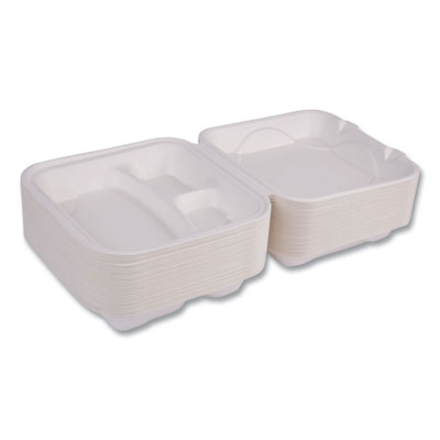 Vanguard Renewable and Compostable Sugarcane Clamshells, 3 Compartments, 9 x 9 x 3, White, 200/Carton