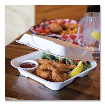 Vanguard Renewable and Compostable Sugarcane Clamshells, 3 Compartments, 9 x 9 x 3, White, 200/Carton