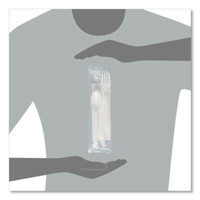 Regal Mediumweight Cutlery Kit, Individually Wrapped, Fork/Knife/Napkin/Spoon, Plastic, White, 250/Carton