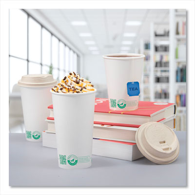 Compostable Paper Hot Cups, 20 oz, White/Green, 600/Carton