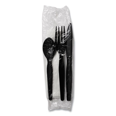 Four-Piece Cutlery Kit, Heavyweight, Fork/Knife/Napkin/Spoon, Plastic, Black, 250/Carton
