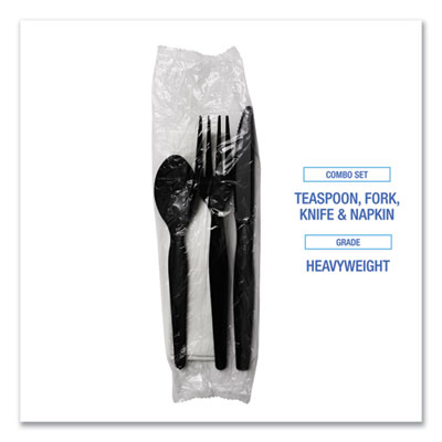 Four-Piece Cutlery Kit, Heavyweight, Fork/Knife/Napkin/Spoon, Plastic, Black, 250/Carton