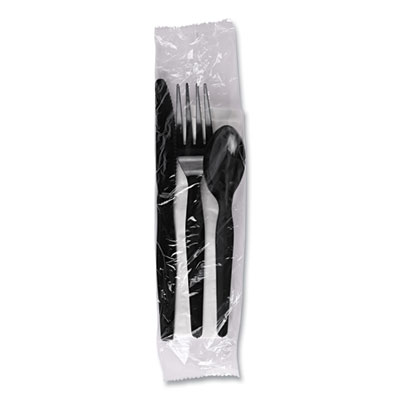Four-Piece Cutlery Kit, Mediumweight, Fork/Knife/Napkin/Spoon, Plastic, Black, 250/Carton