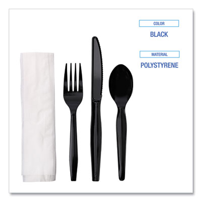 Four-Piece Cutlery Kit, Mediumweight, Fork/Knife/Napkin/Spoon, Plastic, Black, 250/Carton