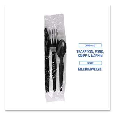 Four-Piece Cutlery Kit, Mediumweight, Fork/Knife/Napkin/Spoon, Plastic, Black, 250/Carton