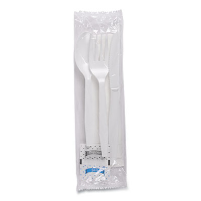Six-Piece Cutlery Kit, Mediumweight, Fork/Knife/Napkin/Pepper/Salt/Spoon, Plastic, White, 250/Carton