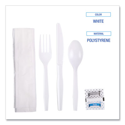 Six-Piece Cutlery Kit, Mediumweight, Fork/Knife/Napkin/Pepper/Salt/Spoon, Plastic, White, 250/Carton