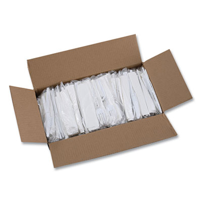 Six-Piece Cutlery Kit, Mediumweight, Fork/Knife/Napkin/Pepper/Salt/Spoon, Plastic, White, 250/Carton