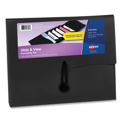 Slide and View Expanding File, 6 Sections, Hook/Loop Closure, Letter Size, Black AVE73542