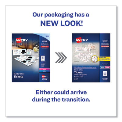 Avery Printable Tickets with Tear-Away Stubs, 97 Bright, 65 lb Cover Weight, 8.5 x 11, White, 10 Tickets/Sheet, 50 Sheets/Pack (AVE16795) AVE16795