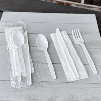 Four-Piece Polystyrene Cutlery Kit, Mediumweight, Fork/Knife/Napkin/Spoon, Plastic, White, 250/Carton