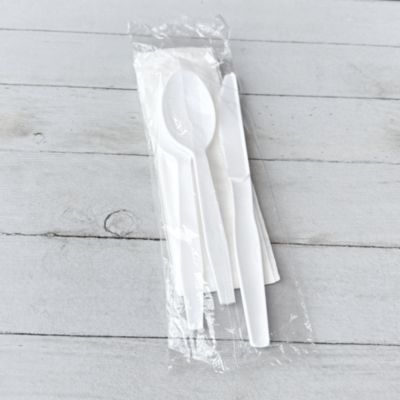 Four-Piece Polystyrene Cutlery Kit, Mediumweight, Fork/Knife/Napkin/Spoon, Plastic, White, 250/Carton