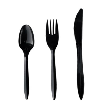 Boardwalk Four-Piece Cutlery Kit, Mediumweight, Fork/Knife/Napkin/Spoon, Plastic, 6.38", Black, 250/Carton (BWK4KITBLPP) BWK4KITBLPP