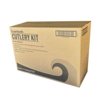 Four-Piece Polypropylene Cutlery Kit, Mediumweight, Fork/Knife/Napkin/Spoon, Plastic, White, 250/Carton
