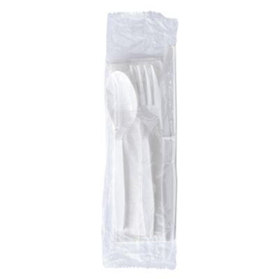 Boardwalk Four-Piece Polystyrene Cutlery Kit, Mediumweight, Fork/Knife/Napkin/Spoon, Plastic, White, 250/Carton (BWK4KITWHPS) BWK4KITWHPS
