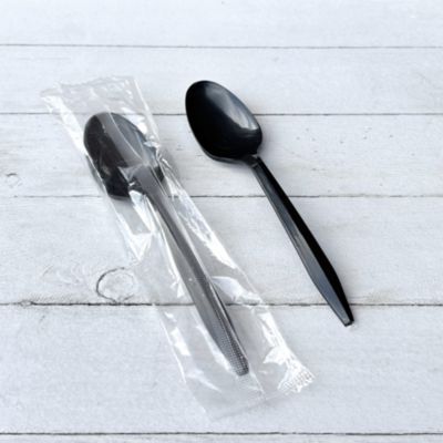 Mediumweight Polypropylene Cutlery, Individually Wrapped, Spoon, Plastic, Black, 1,000/Carton