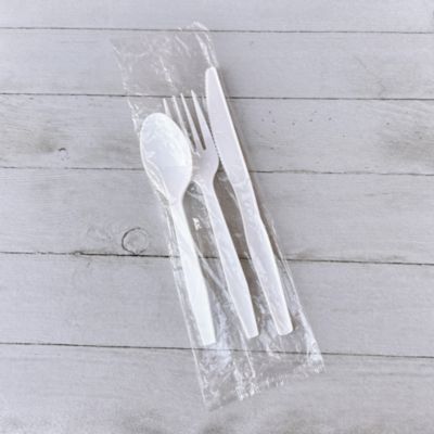 Three-Piece Polystyrene Cutlery Kit, Heavyweight, Fork/Knife/Spoon, Plastic, White, 250/Carton