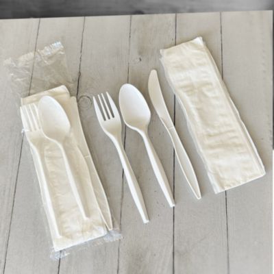 Four-Piece Polypropylene Cutlery Kit, Mediumweight, Fork/Knife/Napkin/Spoon, Plastic, White, 250/Carton