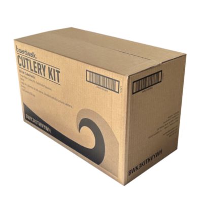 Three-Piece Polystyrene Cutlery Kit, Heavyweight, Fork/Knife/Spoon, Plastic, Black, 250/Carton