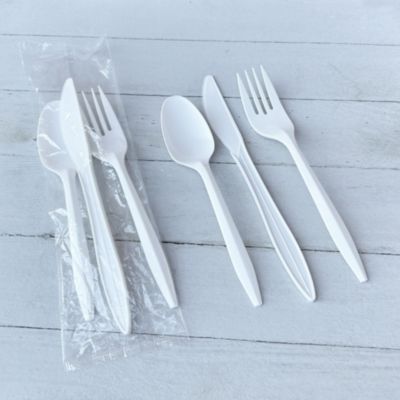Three-Piece Polystyrene Cutlery Kit, Mediumweight, Fork/Knife/Spoon, Plastic, White, 250/Carton
