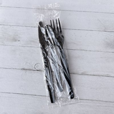 Three-Piece Polystyrene Cutlery Kit, Heavyweight, Fork/Knife/Spoon, Plastic, Black, 250/Carton