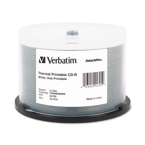 Verbatim® Cd-R Datalifeplus Printable Recordable Disc, 700 Mb/80 Min, 52X, Spindle, White, 50/Pack