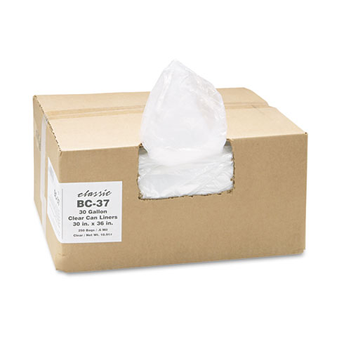 Classic Clear Clear Low-Density Can Liners, 30gal, .6mil, 30 x 36, Clear,  250/Carton WBI303618C