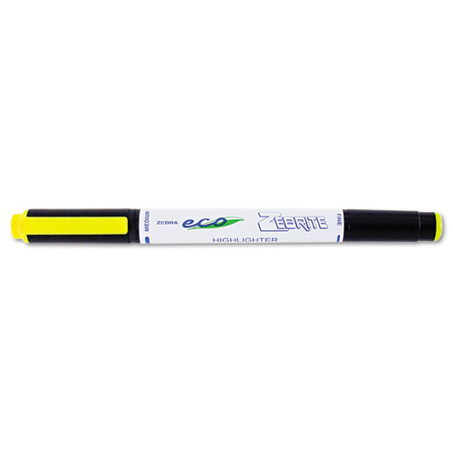 Zebrite Eco Double-Ended Highlighter, Fluorescent Yellow Ink, Med-Chisel/Fine-Bullet Tips, White/Black/Yellow Barrel, Dozen