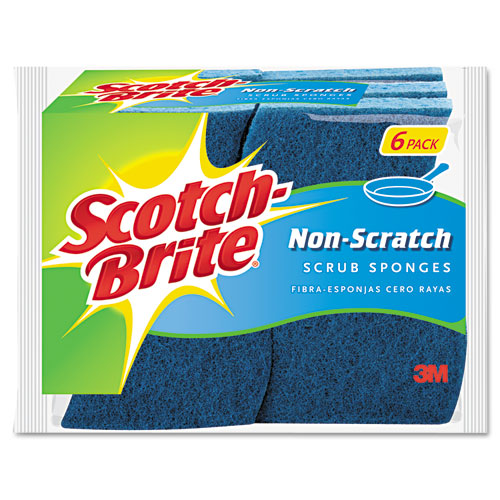 Image of Non-Scratch Multi-Purpose Scrub Sponge, 4.4 x 2.6, 0.8" Thick, Blue, 6/Pack