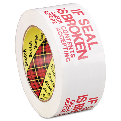 Scotch® Printed Message Box Sealing Tape, 3" Core, 1.88" x 109 yds, Red/White