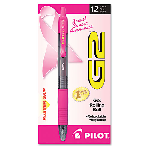 Image of Pilot® G2 Premium Breast Cancer Awareness Gel Pen, Retractable, Fine 0.7 Mm, Black Ink, Translucent Pink Barrel, Dozen
