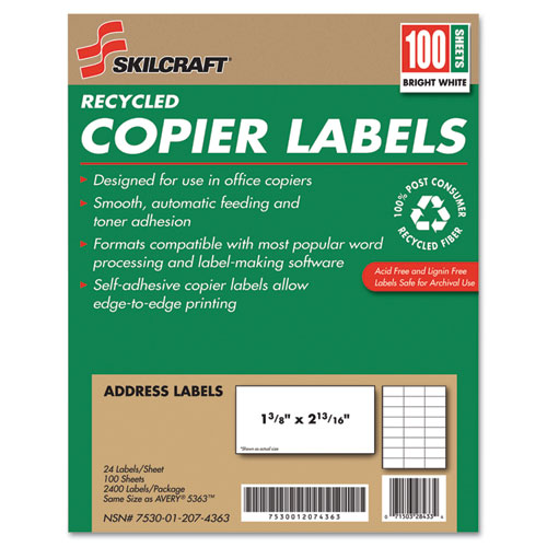 7530012074363 SKILCRAFT Recycled Copier Labels, Copiers, 1.38 x 2.81, White, 24/Sheet, 100 Sheets/Box