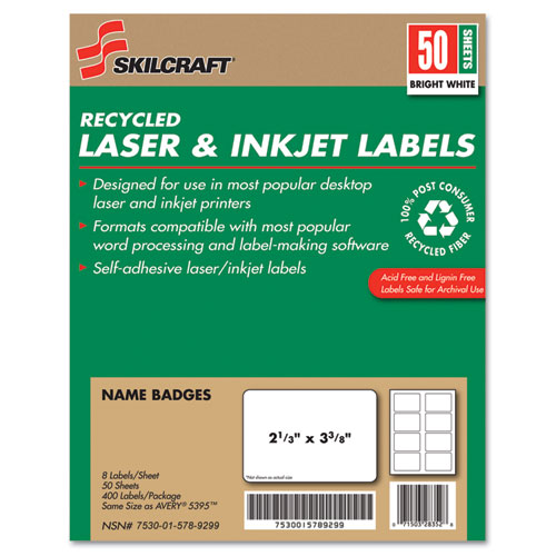 7530015789299 SKILCRAFT Adhesive Name Badge Labels, Inkjet/Laser Printers, 2.33 x 3.38, White, 8/Sheet, 50 Sheets/Box