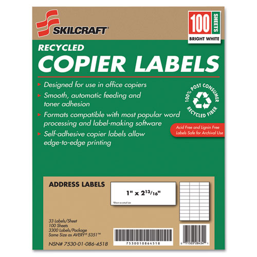 7530010864518 SKILCRAFT Recycled Copier Labels, Copiers, 1 x 2.81, White, 33/Sheet, 100 Sheets/Box