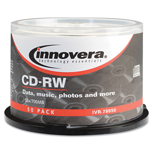 CD-RW Discs, Rewritable, 700MB/80min, 12x, Spindle, Silver, 50/Pack | by Plexsupply