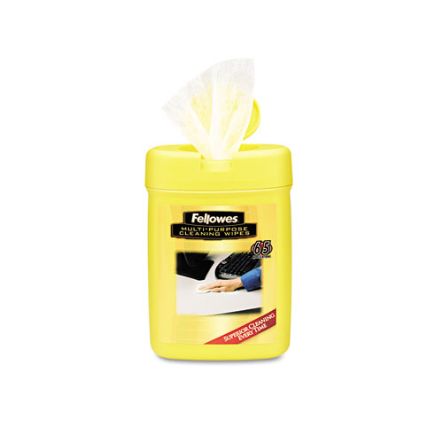 Fellowes® Multipurpose Cleaning Wet Wipes, Cloth, 3.14" x 3.94", 65/Tub