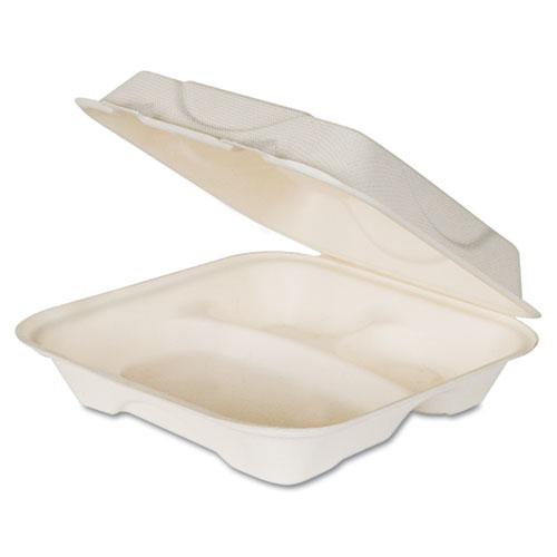 Bagasse Hinged Clamshell Containers, 3-Compartment, 9 x 9 x 3, White, Sugarcane, 50/Pack, 4 Packs/Carton