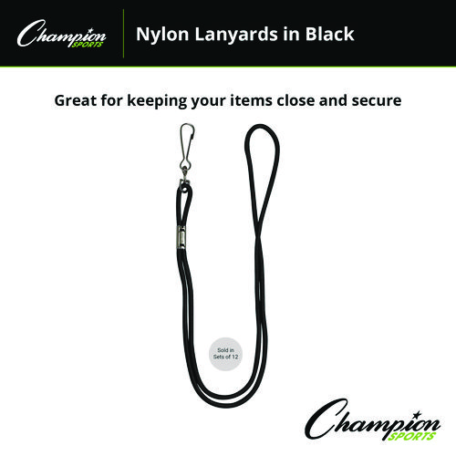 Image of Champion Sports Lanyard, Metal J-Hook Fastener, 20" Long, Black, 12/Pack