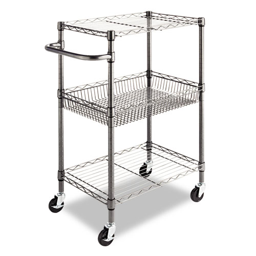 Image of Three-Tier Wire Cart with Basket, 28w x 16d x 39h, Black Anthracite